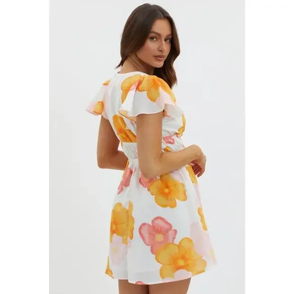 Hello Molly Floral Mini Dress Orange Pink Tie Front Boho Cottagecore L - Picture 3 of 11